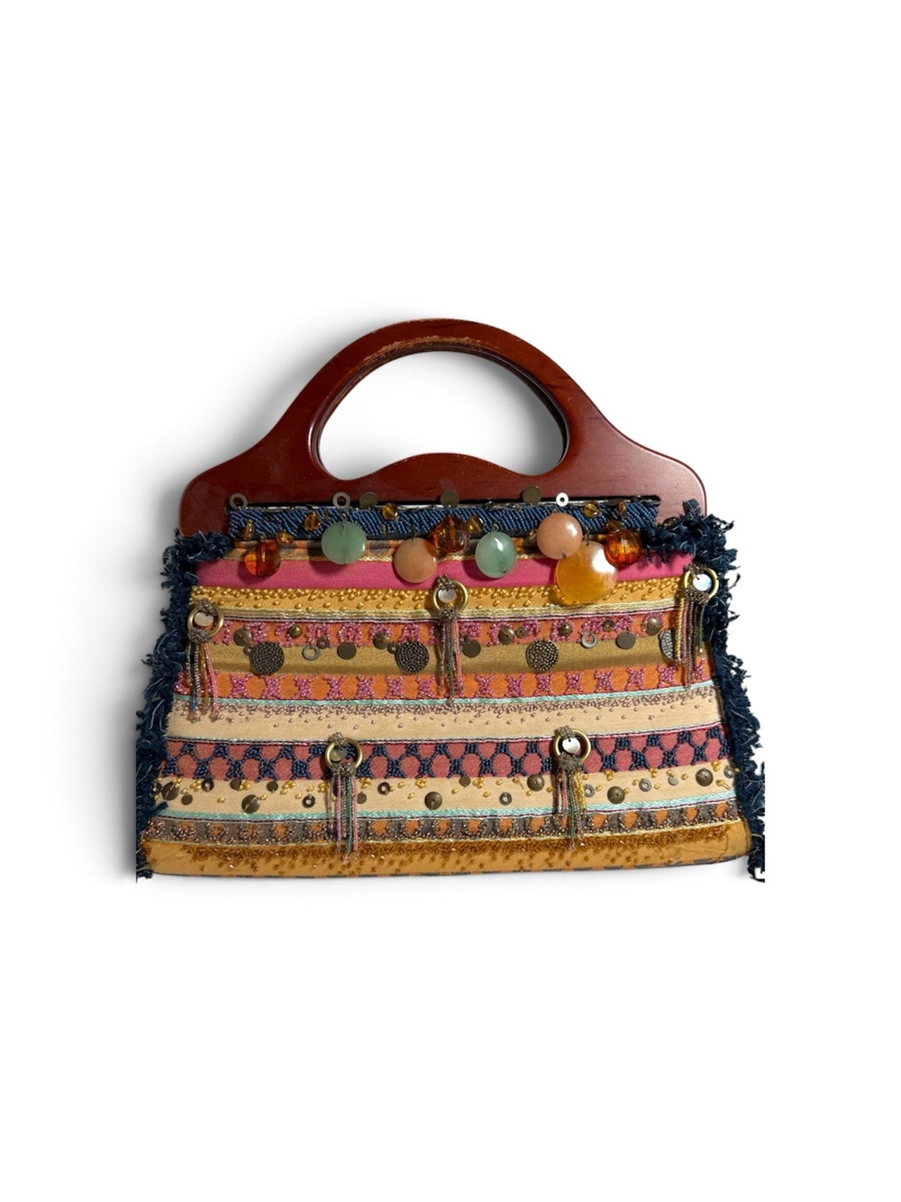 Boho Denim Multicolor Beaded Tote Bag with Wooden Handle and side fringe